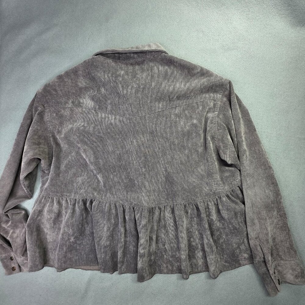 LILYMAES Shirt Womens Large Gray Corduroy Babydoll Peplum Snap Front Top Western - Picture 6 of 11